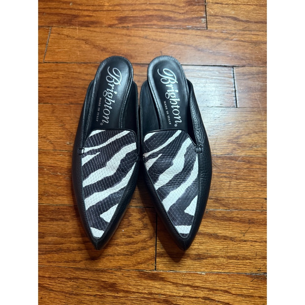 Brighton Evelyn Black Leather Zebra Print Pointed Toe Mules Italy Size 8M
